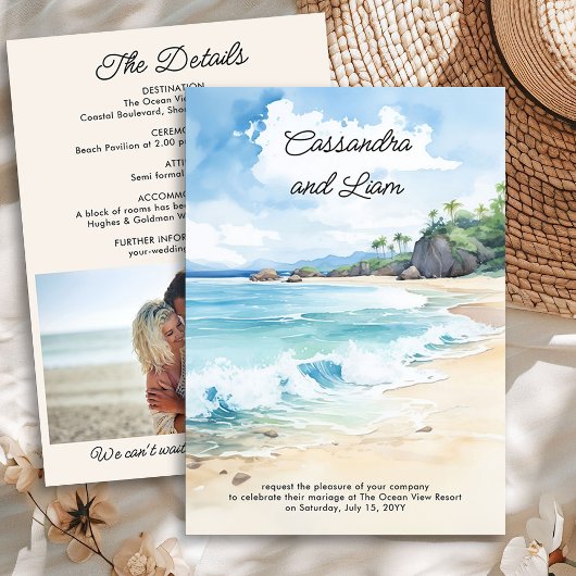 Summer Beach Watercolor Hochzeit & Details Foto Einladung