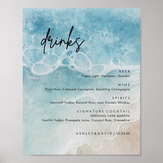 Summer Beach Wedding Large Drinks Bar Menu Poster (Vorne)
