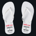 Summer Beach Wedding Moderne Typografie Badesandalen<br><div class="desc">Diese modernen Typografie Flip Flops sind ein Spaß danken Ihnen für alle Paare, die ihre Hochzeit im Sommer oder eine Hochzeit in Urlaubsort am Strand! Personalisieren Sie mit den Namen der Braut und des Bräutigams und dem Hochzeitstag. Sie können die Meldung Mit Liebe behalten oder Ihre eigene benutzerdefinierte Nachricht erstellen....</div>