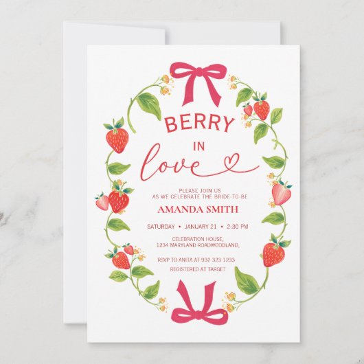 Summer Berry In Love Red Bow Bridal Shower Einladung (Vorderseite)