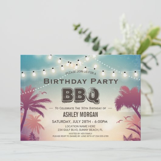 Summer Birthday GRILLEN Party Palm Tree String Lig Einladung (Stehend Vorderseite)