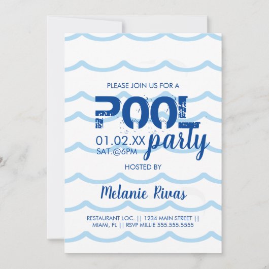 Summer Birthday Pool Party Blue Waves Muster Einladung (Vorderseite)