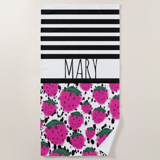 Summer Black Stripes Erdbeeren Abstrakt Strandtuch (Vorderseite)