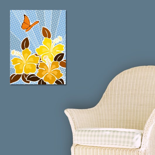 Summer Blooming Yellow Hibiskus Butterfly Blue Sky Poster