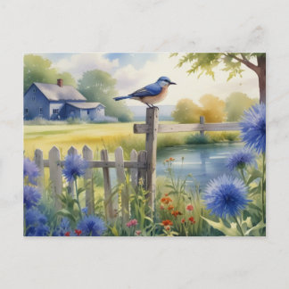 Summer Blue Bird Nature House Postcard Wasserfarbe Postkarte