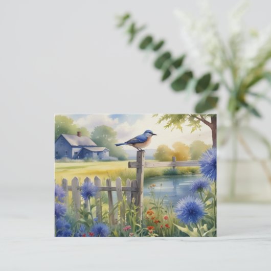 Summer Blue Bird Nature House Postcard Wasserfarbe Postkarte (Stehend Vorderseite)