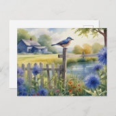 Summer Blue Bird Nature House Postcard Wasserfarbe Postkarte (Vorne/Hinten)