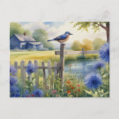 Summer Blue Bird Nature House Postcard Wasserfarbe Postkarte (Vorderseite)