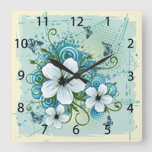 Summer Blue Floral & Butterfliegen Quadratische Wanduhr
