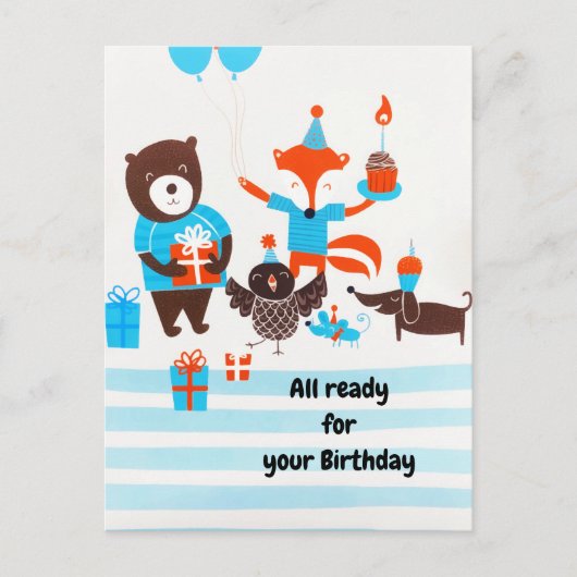 Summer Blue Forest Woodland Tiere Wasserfarbe Postkarte (Vorderseite)