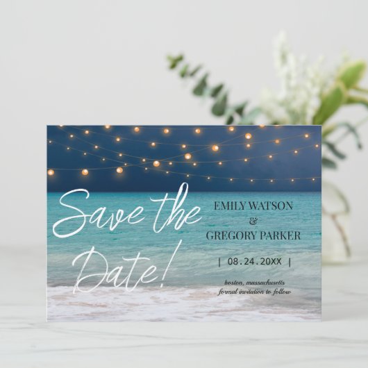 Summer Blue Ocean Beach Hochzeitseinladungen Save The Date (Stehend Vorderseite)
