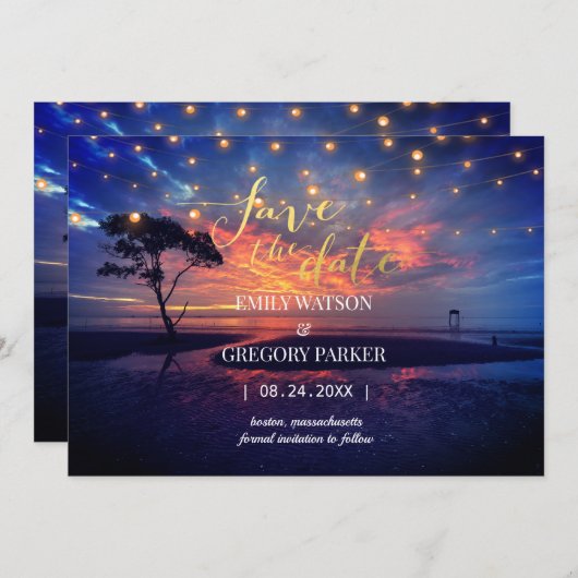 Summer Blue Ocean Beach Hochzeitseinladungen Save The Date (Vorne/Hinten)