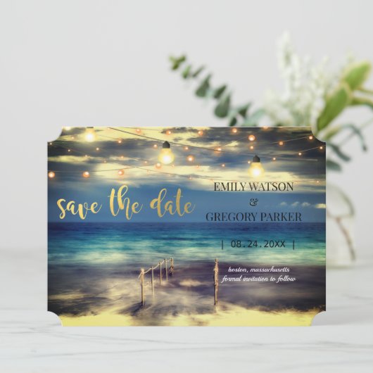 Summer Blue Ocean Beach Hochzeitseinladungen Save The Date (Stehend Vorderseite)