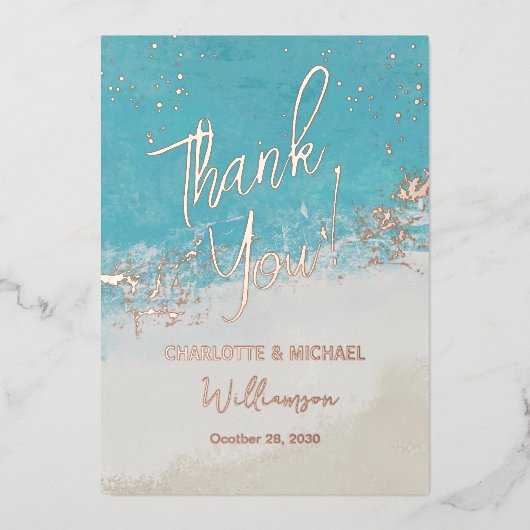 Summer Blue Ocean Foto Overlay Wedding Vielen Dank Folieneinladung (Vorderseite)