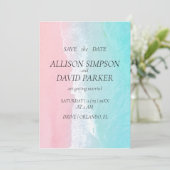 Summer Blue, Pink Ocean Beach Save the Date Card (Stehend Vorderseite)