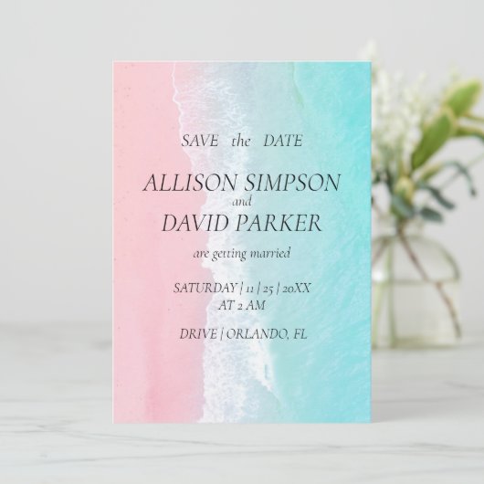 Summer Blue, Pink Ocean Beach Save the Date Card (Stehend Vorderseite)