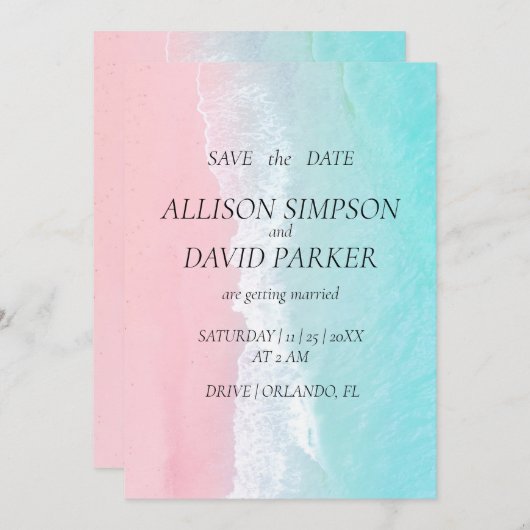 Summer Blue, Pink Ocean Beach Save the Date Card (Vorne/Hinten)