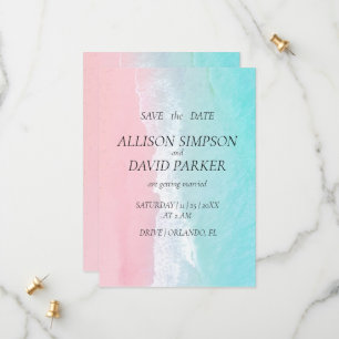 Summer Blue, Pink Ocean Beach Save the Date Card