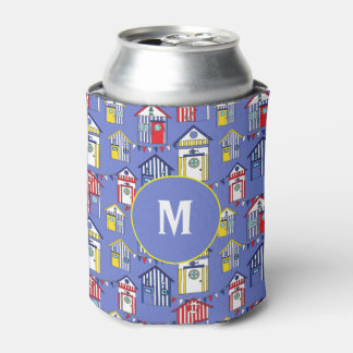 Summer Blue Seaside Beach Huts Print Monogram Dosenkühler