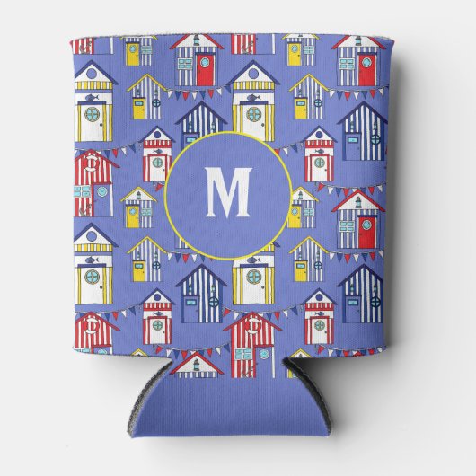 Summer Blue Seaside Beach Huts Print Monogram Dosenkühler (Vorderseite)