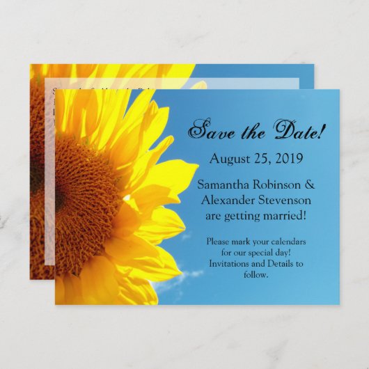 Summer Blue Sky Gelb Sonnenblume Save the Date Ankündigungspostkarte (Vorne/Hinten)