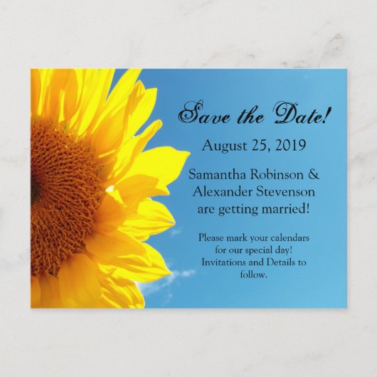 Summer Blue Sky Gelb Sonnenblume Save the Date Ankündigungspostkarte (Vorderseite)