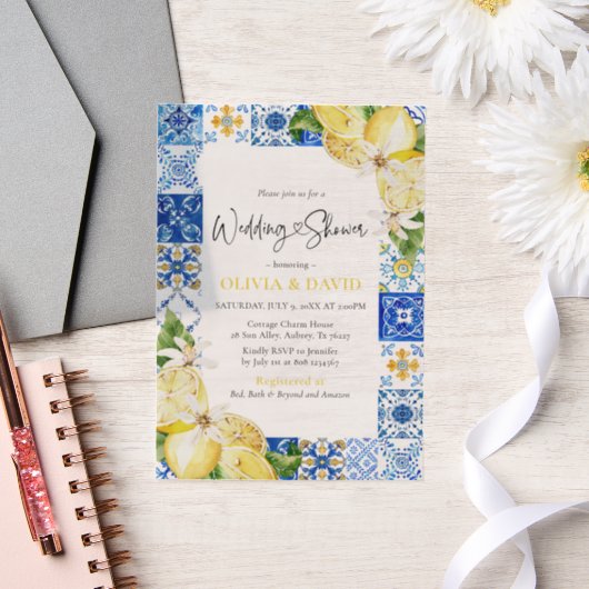 Summer Blue Tiles Lemons italienischer Polterabend Pergament Einladungen (Hochzeit)