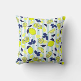 Summer Blue Yellow Lemon Slices on Blue Stripes Kissen