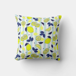 Summer Blue Yellow Lemon Slices on Blue Stripes Kissen