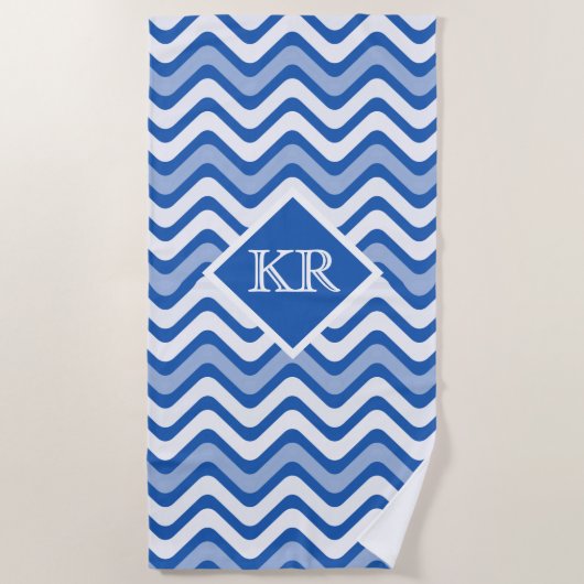 Summer Blue Zickzack Zig Zag Streifen Monogramm Strandtuch (Vorderseite)