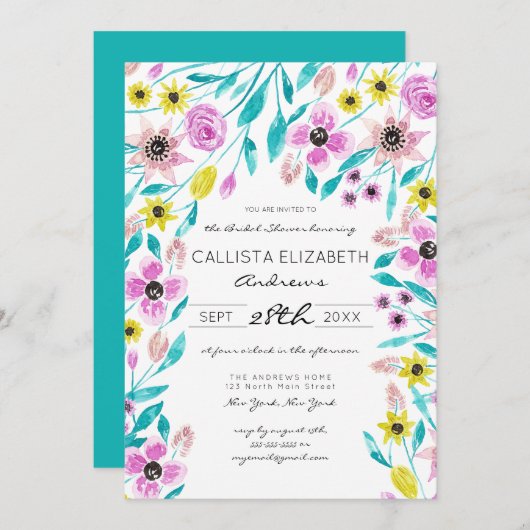 Summer Blume Blätter Wasserfarbenes Brautparty Einladung (Vorne/Hinten)