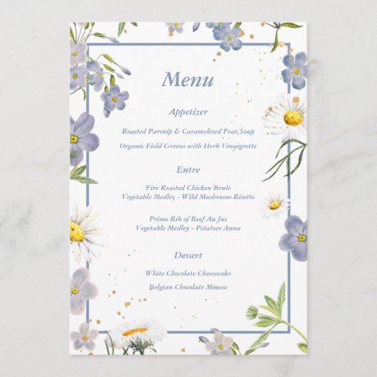 Summer Blume Blue Wedding Menu Menükarte (Vorderseite)