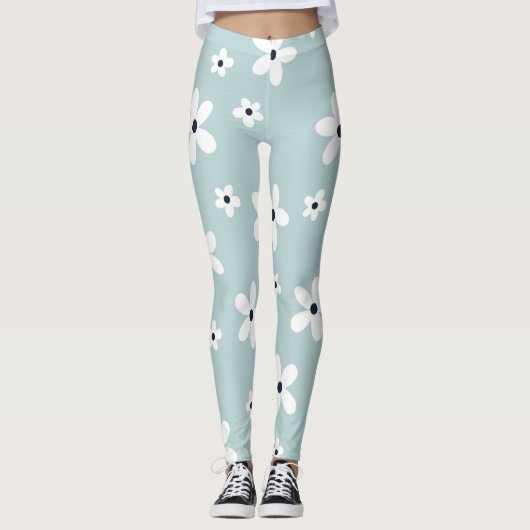 Summer Boho Blue White Daisy Blume Leggings (Vorderseite)