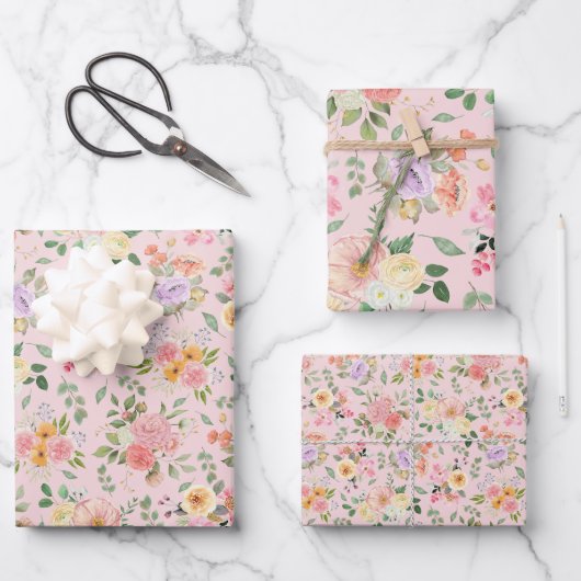 Summer Boho Floral on Baby Pink Geschenkpapier Set (Vorderseite)