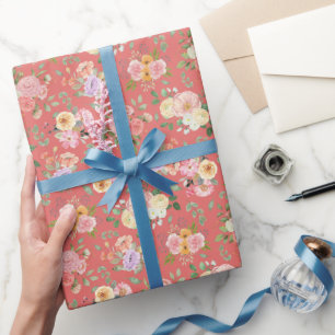 Summer Boho Floral on Dark Coral Pink Geschenkpapier