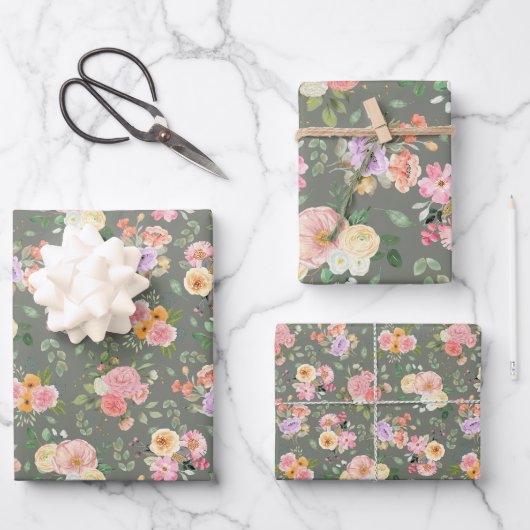 Summer Boho Floral on Gray Geschenkpapier Set (Vorderseite)