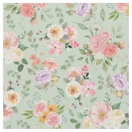Summer Boho Floral on Sage Green Stoff (Nahaufnahme)