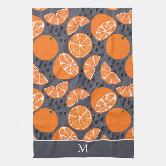 Summer Boho Orange auf Grau Monogram Geschirrtuch (Vertikal)