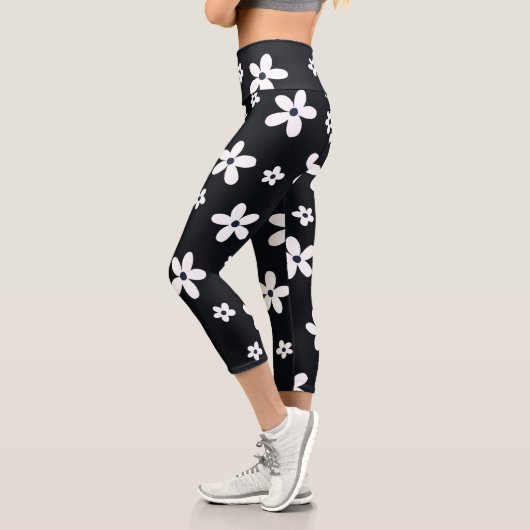 Summer Boho Schwarz-weiß Daisy Blume Capri Leggings (Links)