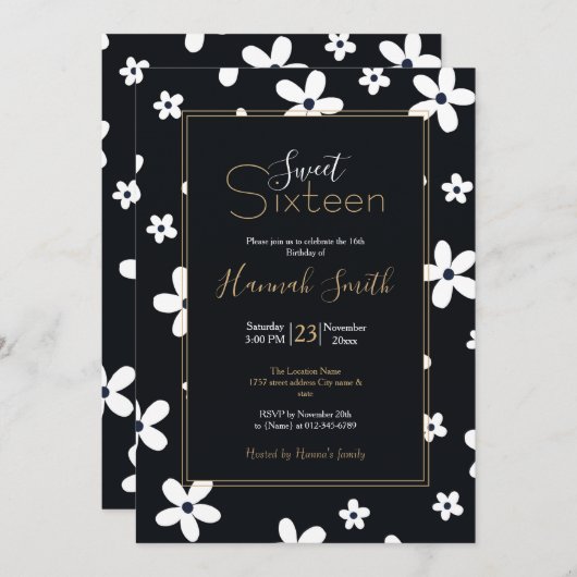 Summer Boho Schwarz-weiß Daisy Blume Einladung (Vorne/Hinten)