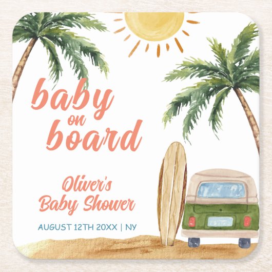 Summer Boho Surf Beach Van Baby Dusche Rechteckiger Pappuntersetzer (Vorderseite)