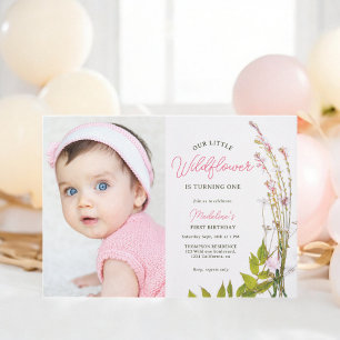 Summer boho Wildblume Drehbuch Foto 1. Geburtstag Einladung