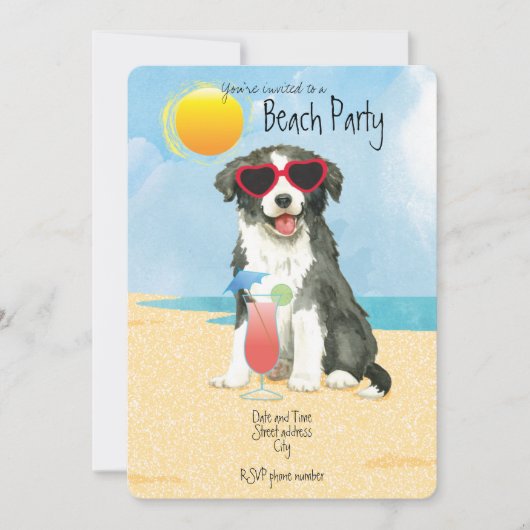 Summer Border Collie Beach Party Einladung (Vorderseite)