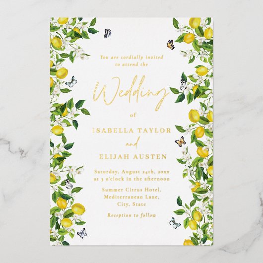 Summer Botanical Lemon Wedding Gold Folieneinladung (Vorderseite)