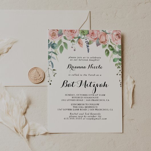 Summer Breeze Floral Kalligrafie Bat Mitzvah Einladung