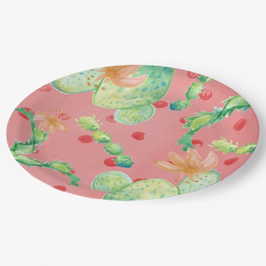 Summer Cactus Pink Paper Plate Pappteller (Schrägansicht)