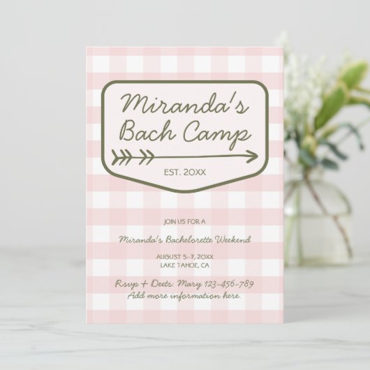 Summer Camp Gingham Pink & Green Bachelorette Einladung (Stehend Vorderseite)