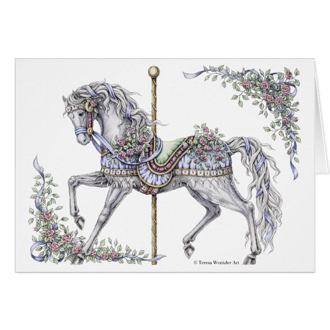 Summer Carousel Horse Pen and Ink Zeichn Card (Vorderseite (Horizontal))