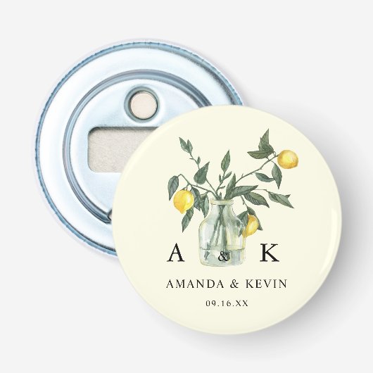 Summer Citrus Lemon Greenery Monogram Wedding Flaschenöffner (Vorderseite)