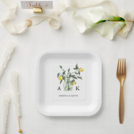 Summer Citrus Lemon Greenery Monogram Wedding Pappteller